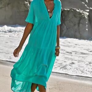 Anthropologie Women’s The Kallie Flowy Tiered Gauzy Maxi Dress in Turquoise Teal
